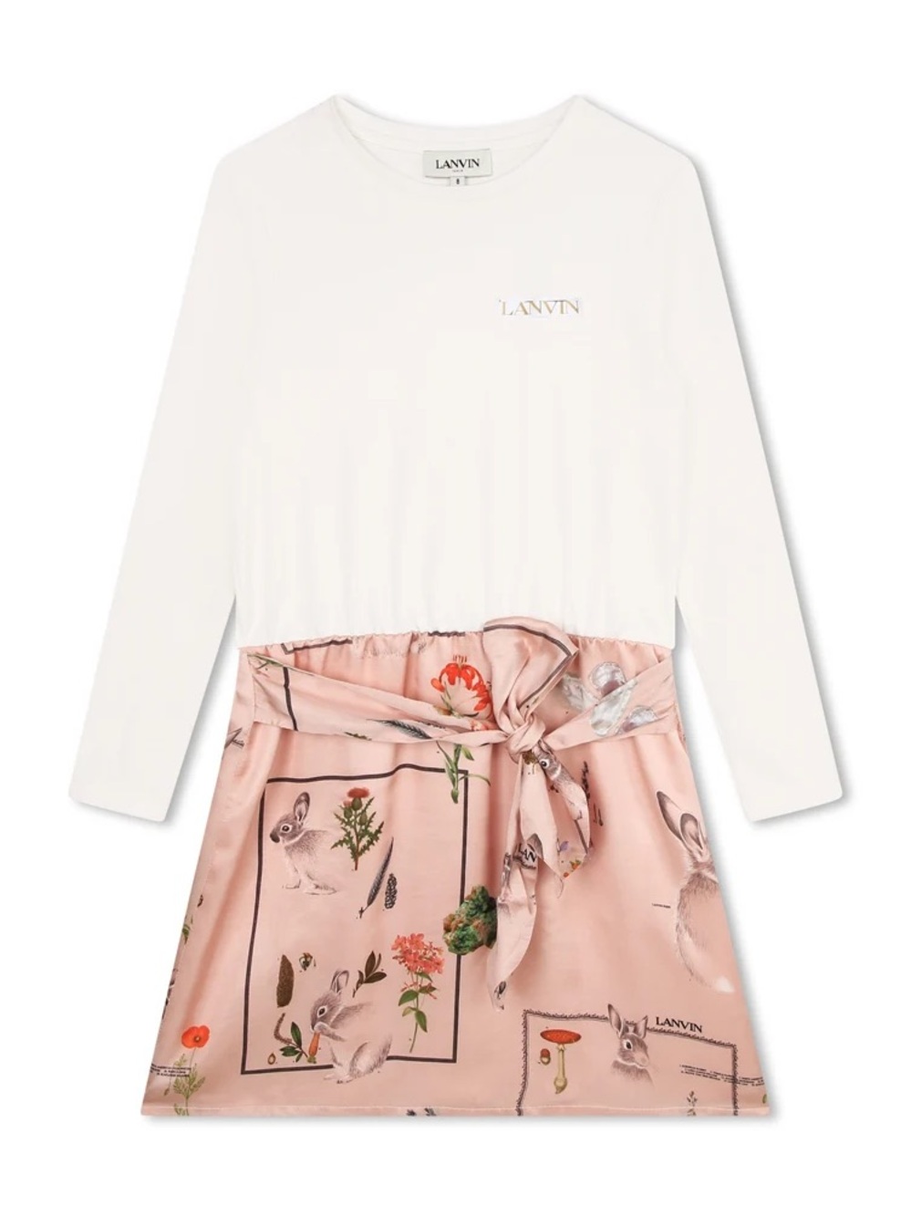 Lanvin Kids White Top with Pink Bunny-Print Long Sleeve Dress